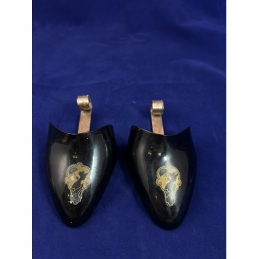 Antique 1920s Metal Shoe Trees Black Lacquer Gold Motif Shoe Forms Pair